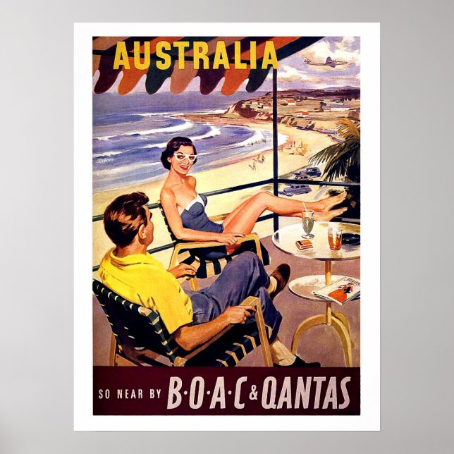 Póster Australia, couple enjoy on terrace, vintage travel (Frente)