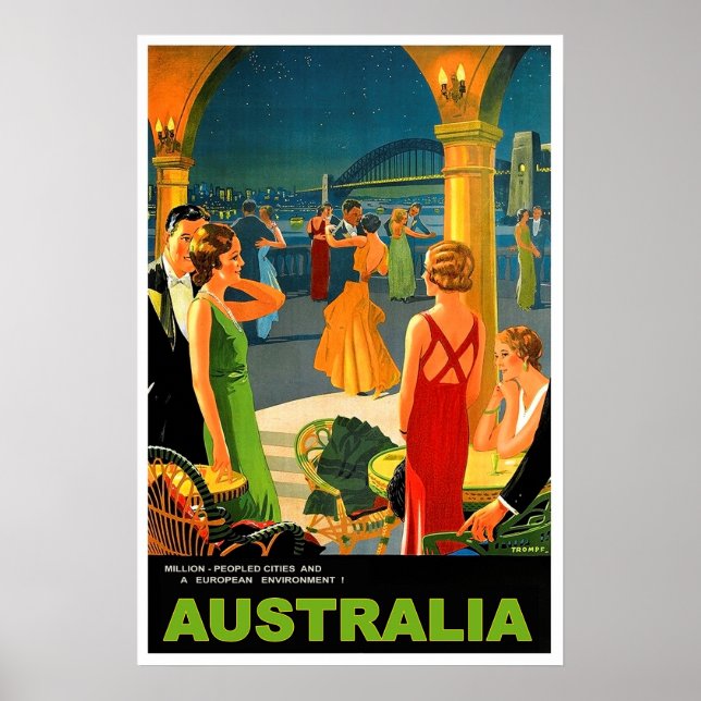 Póster Australia, fiesta romántico de noche, viaje vintag (Frente)