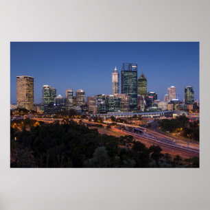 Póster Australia, Perth, silueta de la ciudad desde Kings