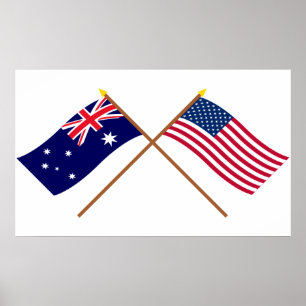Póster Australia y banderas cruzadas Estados Unidos
