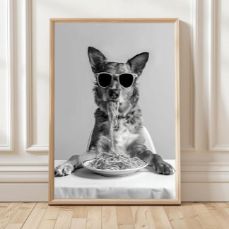 Póster Australian Cattle Dog Eating Pasta Print: Spaghett
