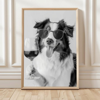 Póster Australian Shepherd Holding Wine Wall Art, Black a