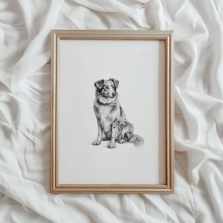 Póster Australian Shepherd Print, Aussie Dog Sketch, PRIN