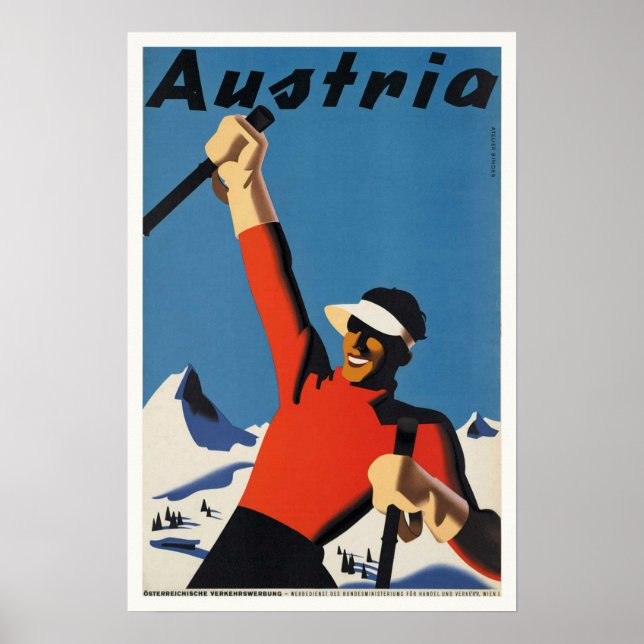 Póster Austria, afiche de la época del esquí de las monta (Frente)