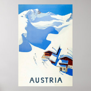 Póster Austria, esquí, cabaña en montañas el invierno