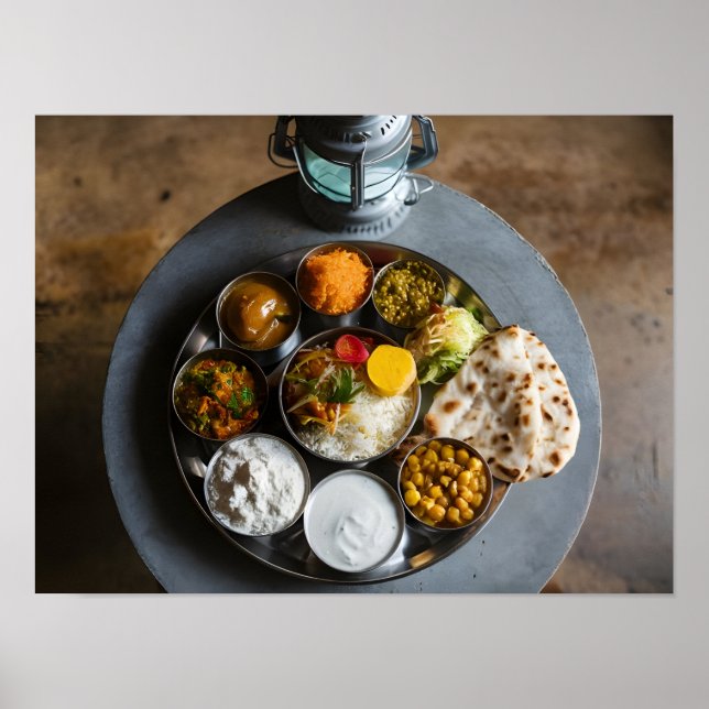 Póster Auténtico plato de comida hindú vég thali (Frente)