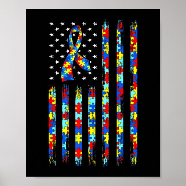 Póster Autism Awareness Shirt American Flag Ribbon Puzzle (Frente)