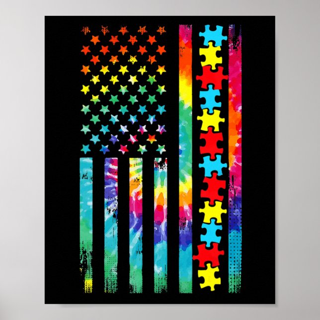 Póster Autismo Bandera Americana Tee Tie Dye Autism Aware (Frente)