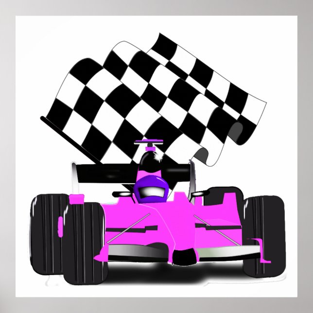 Póster Auto de carreras Girly Pink con bandera verificada (Frente)