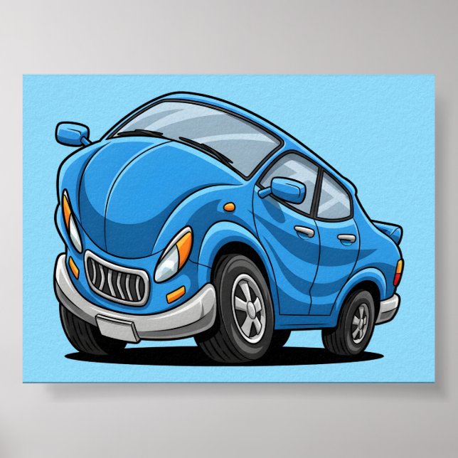 Póster Auto de dibujos animados azul deformado (Frente)