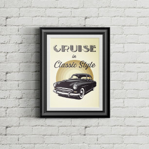Póster Auto de la vieja escuela con texto retro.
