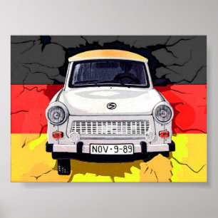Póster Auto de Trabant y Bandera Alemana, Muro de Berlín