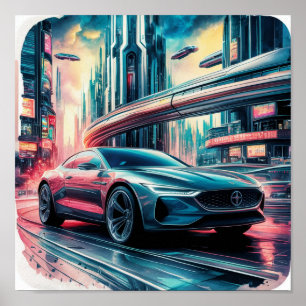 Póster Auto en la ciudad futurista