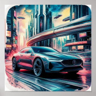 Póster Auto en la ciudad futurista