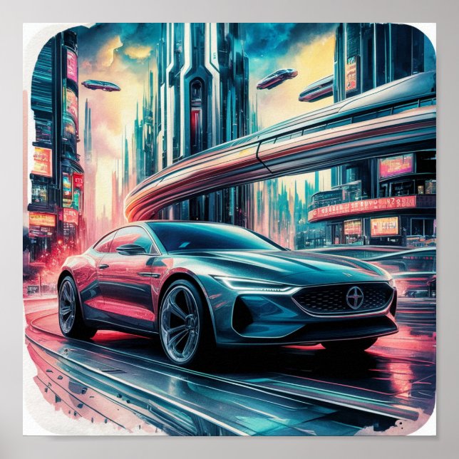 Póster Auto en la ciudad futurista (Frente)