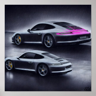 Póster Auto Porsche plateado en una noche lluviosa