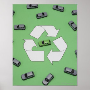 Póster Auto verde rodeado de coches grises