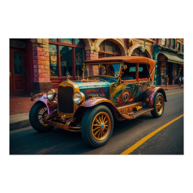 Póster Auto vintage de Steampunk en la ciudad (Anverso)