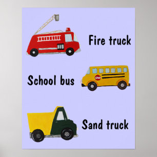 Póster Autobús, camión de bomberos y de arena de la escue