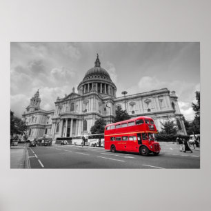 Póster Autobús de Londres y la catedral de San Pablo