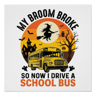 Póster Autobús escolar de Halloween Bruja Diseño vintage 