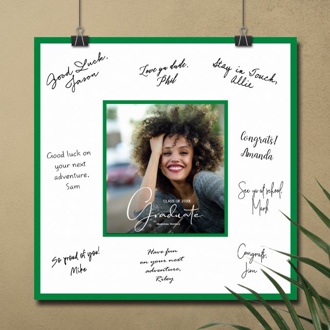 Póster Autógrafo de Graduación Borde Verde (Graduation autograph poster with your photo and green border, INSTANT DOWNLOAD and/or PRINTED)
