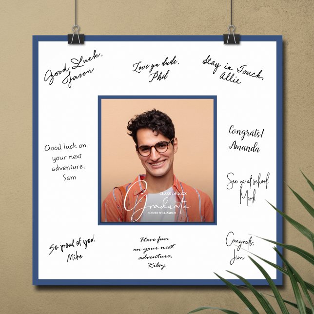 Póster Autografo de graduación fotográfica azul (Graduation autograph poster with your photo and blue border, INSTANT DOWNLOAD and/or PRINTED)