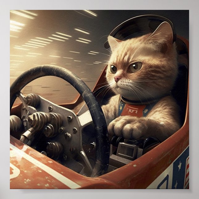 Póster Automóvil de carreras de conducción de gatos (Frente)