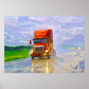 Póster Autopista de Camión Rojo conduciendo en Poster de