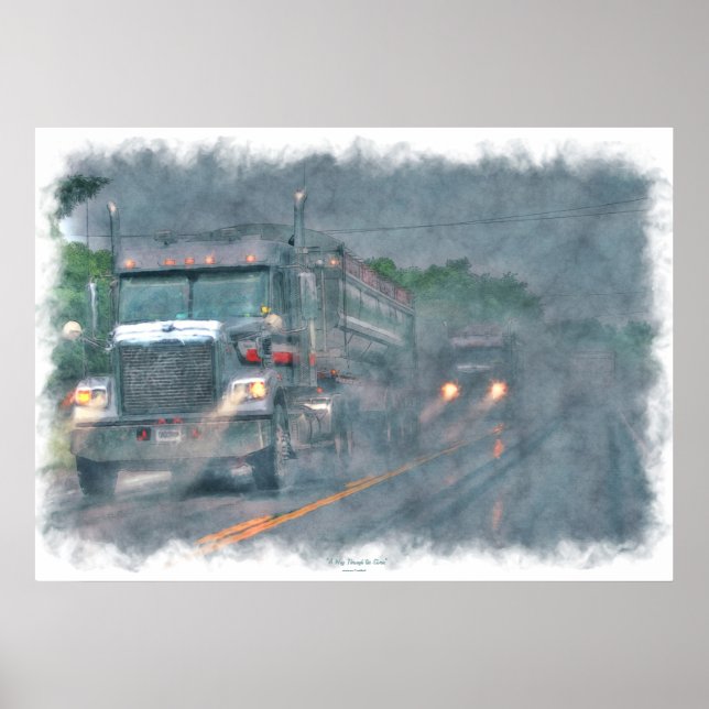 Póster Autopista Gray Truck conduciendo en lluvia Poster  (Frente)