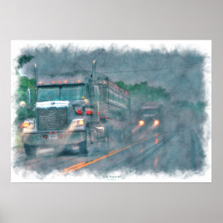 Póster Autopista Gray Truck conduciendo en lluvia Poster