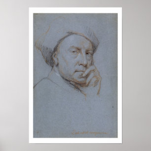 Póster Autoretrato (tiza negra, roja y blanca sobre azul
