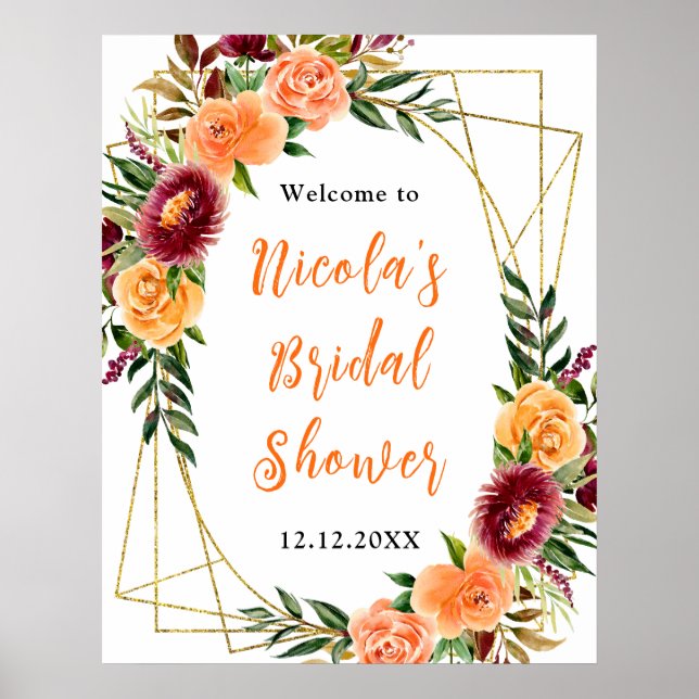 Póster Autumn and Burgundy Orange Bridal Shower Welcome (Frente)