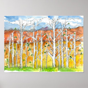 Póster Autumn Aspen Tree Grove Watercolor Art