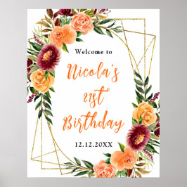 Póster Autumn Burgundy and Orange Birthday Welcome