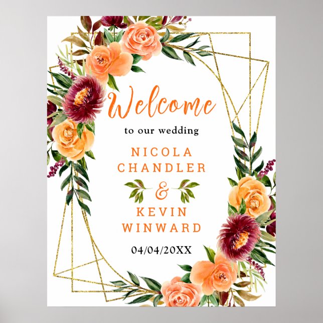 Póster Autumn Burgundy Orange Floral Wedding Welcome Sign (Frente)