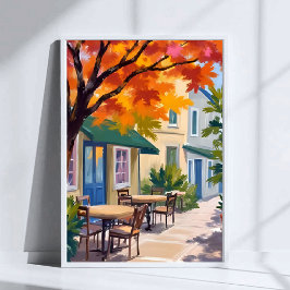 Póster Autumn Cafe Watercolor Fall Foliage Art