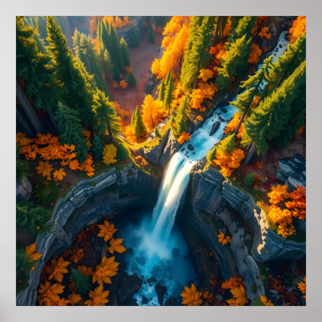 Póster Autumn Canyon Waterfall – Vibrant Fall Forest Land (Frente)