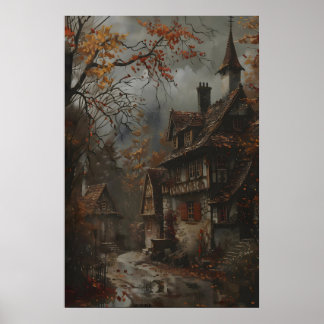 Póster Autumn Cottage Art Print, Rustic Fall Wall Art