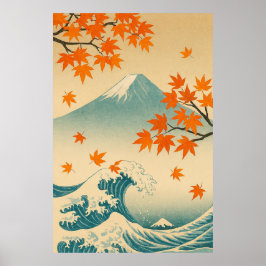 Póster Autumn Currents: Maple Leaves and Fuji’s Horizon