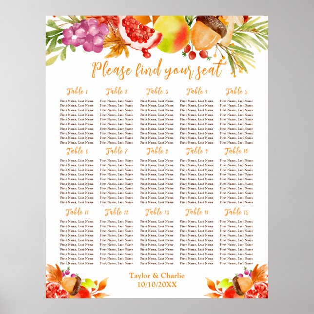 Póster Autumn Fall Harvest 15 Tables Seating Chart (Frente)