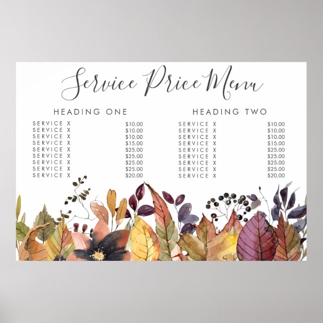 Póster Autumn Fall Service Price Menu Custom Printed (Frente)