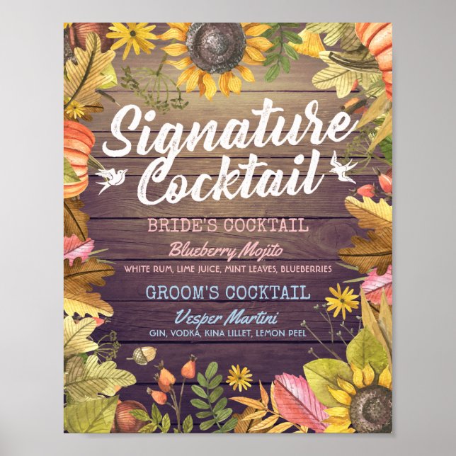 Póster Autumn Fall Wedding Signature Cocktail Bebe Menú (Frente)