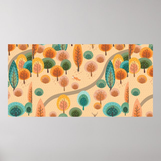Póster Autumn forest with abstract flat handdrawn trees a (Frente)