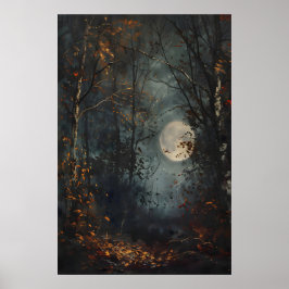 Póster Autumn Full Moon Dark Forest Art Print, Dark Cotta