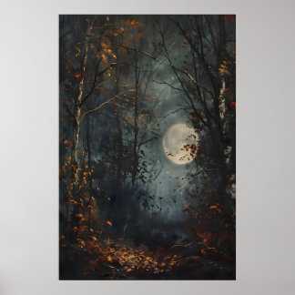 Póster Autumn Full Moon Dark Forest Art Print, Dark Cotta