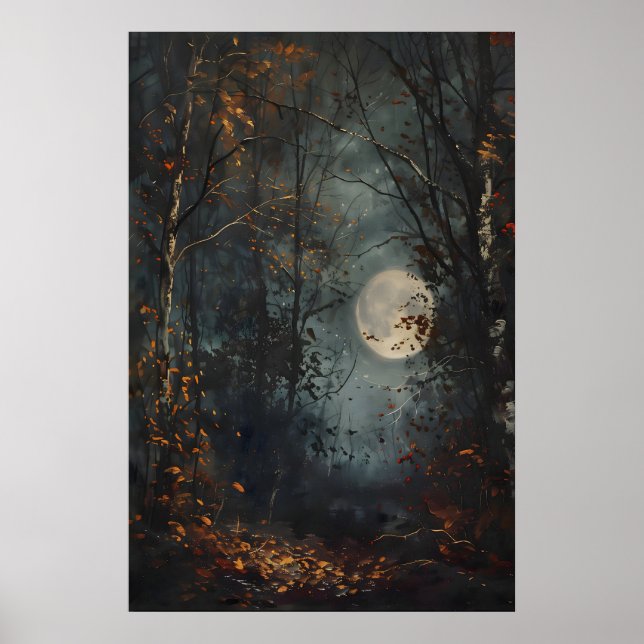 Póster Autumn Full Moon Dark Forest Art Print, Dark Cotta (Frente)