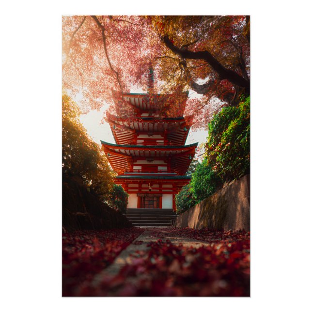 Póster Autumn Maple Pagoda Temple Staircase Glow (Anverso)