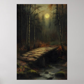 Póster Autumn Moonlit Forest Bridge Rustic Woodland Art