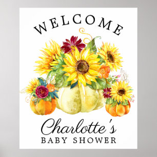 Póster Autumn Pumpkin Sunflower Baby Shower Welcome Sign